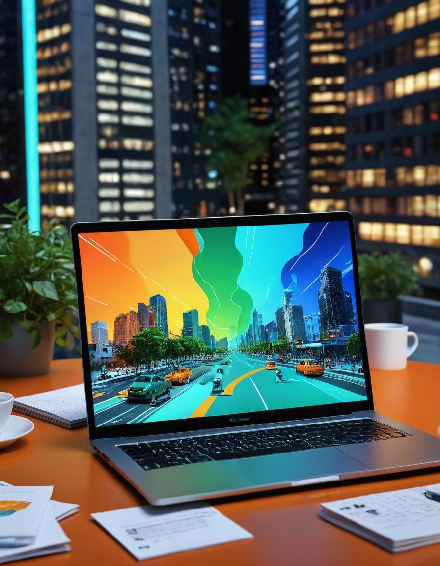 A dynamic digital landscape featuring an open laptop with a glowing screen displaying a captivating story transforming into vibrant visual elements like charts, social media icons, and engaging graphics swirling around. Include diverse people interacting with the content in an urban setting, highlighting collaboration and connection. Use energetic colors to evoke inspiration and creativity. super-realistic. vibrant colors. 3D.