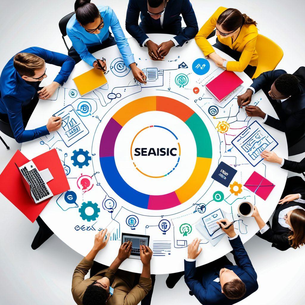 A vibrant digital landscape illustrating a powerful SEO strategy, featuring an upward trend graph intertwined with a colorful book symbolizing captivating narratives. Include a diverse group of individuals brainstorming around a table, surrounded by floating keywords and search engine icons. The scene communicates creativity and collaboration in a tech-savvy environment. super-realistic. vibrant colors. white background.