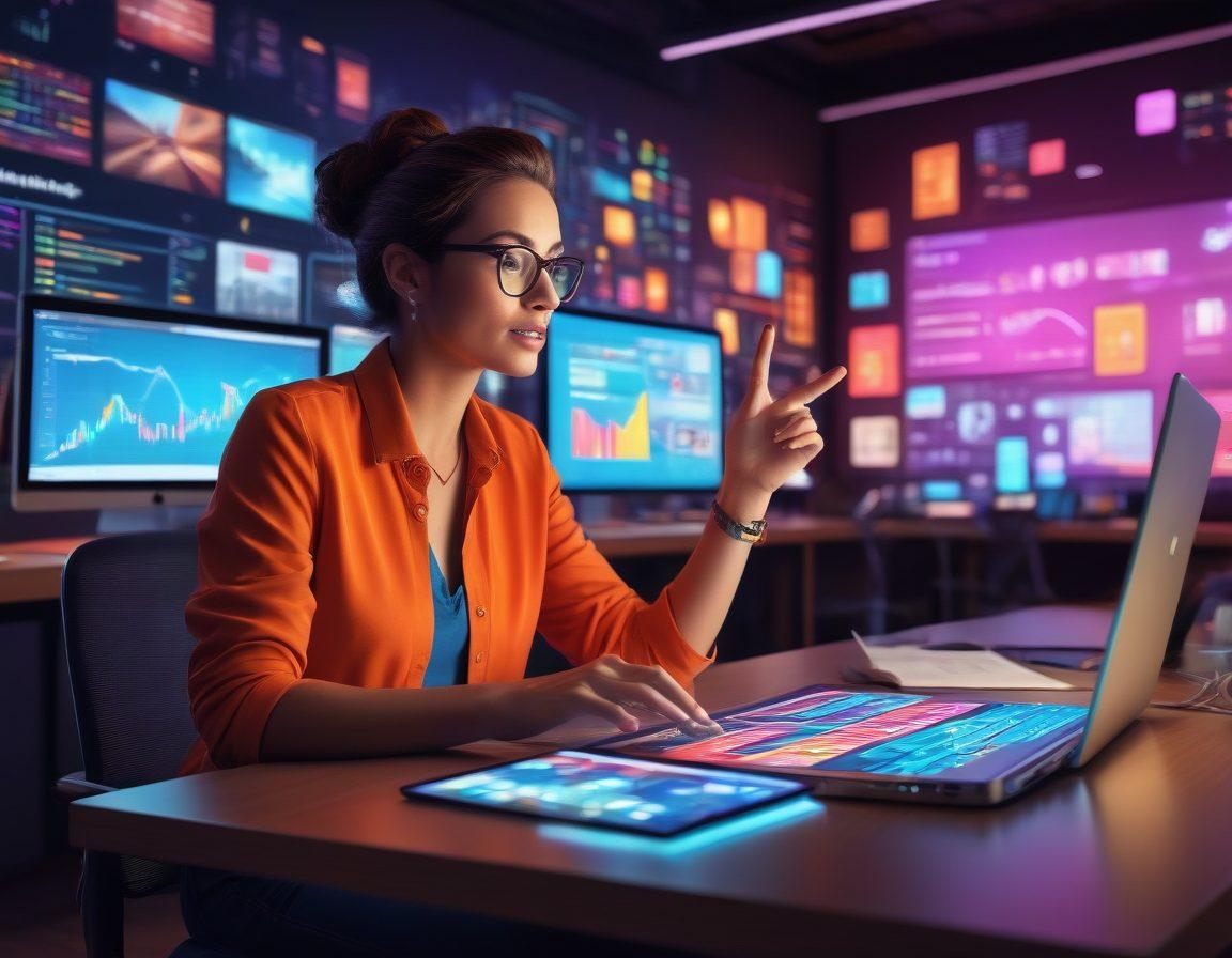 A dynamic scene showcasing a storyteller at a digital desk filled with vibrant gadgets and glowing screens displaying blogs and engaging content. The storyteller is animatedly gesturing while colorful graphs and statistics float around, symbolizing engagement and growth. In the background, a diverse audience captivated by the storytelling comes to life. The overall atmosphere is inspiring and energetic, emphasizing creativity and innovation in digital storytelling. super-realistic. vibrant colors. 3D.